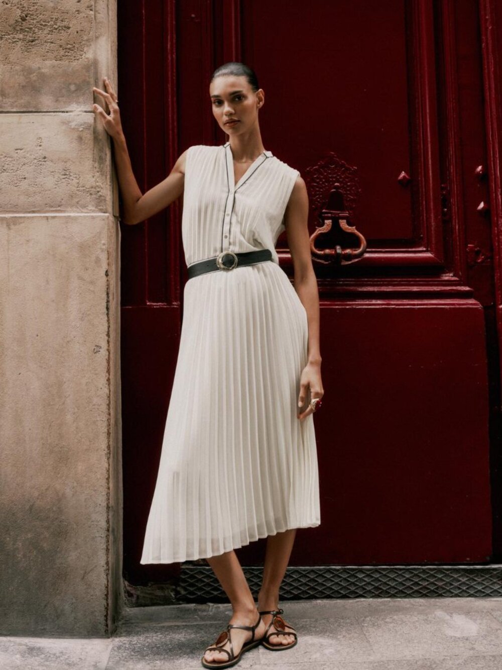 ZARA Pleated Matching Set Contrast Trim Blouse Midi Skirt Ecru Small NWT Co-Ord